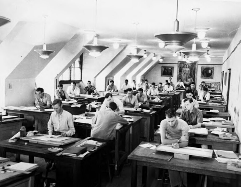 Students at drafting-tables