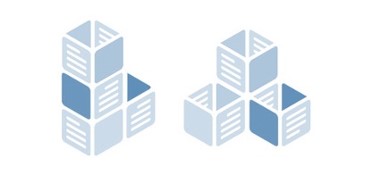 Two groups of blue and white 3D cubes arranged in clusters; each cube has diagonal white lines, resembling building blocks or abstract data structures, on a white background.