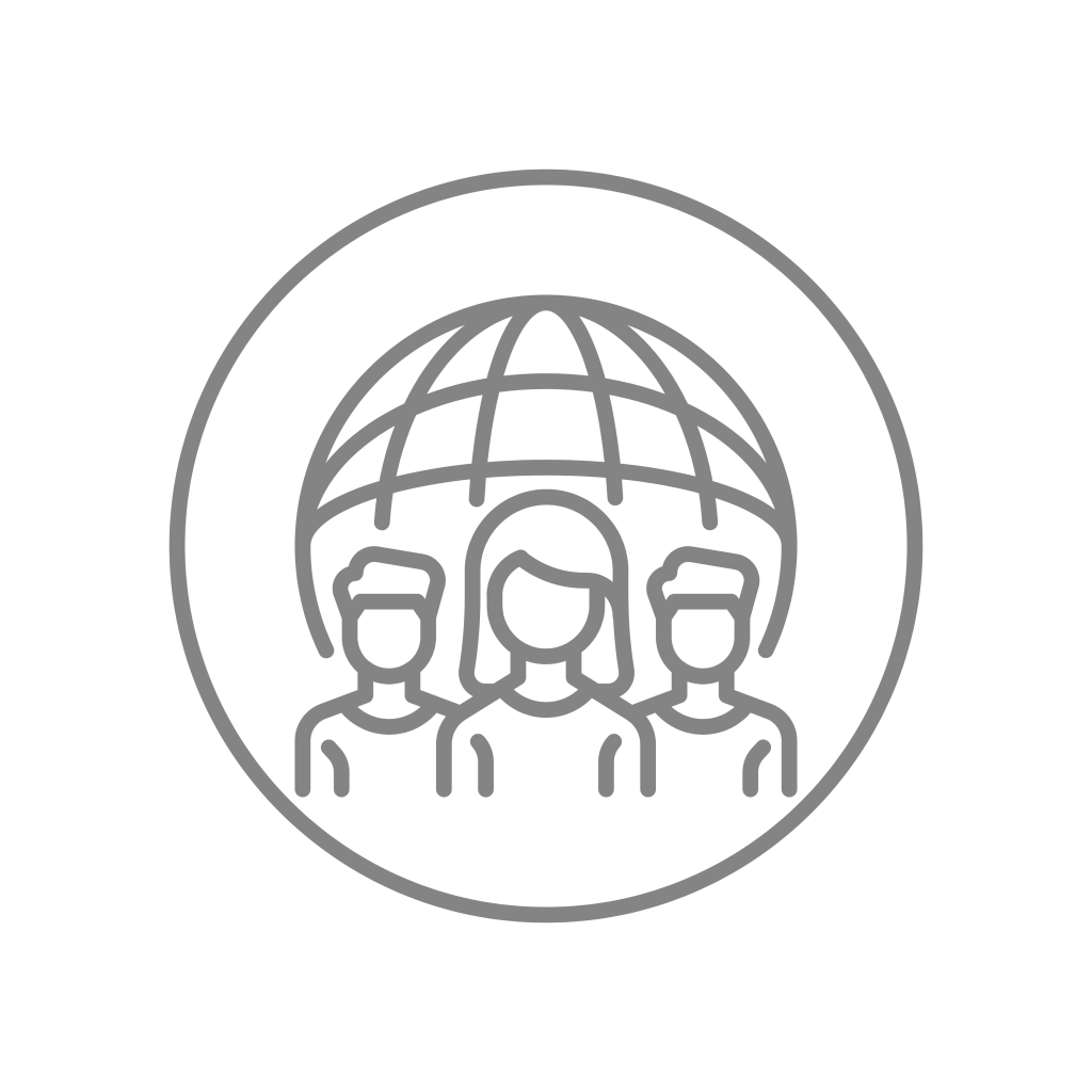 Icon of three people standing in front of a globe.