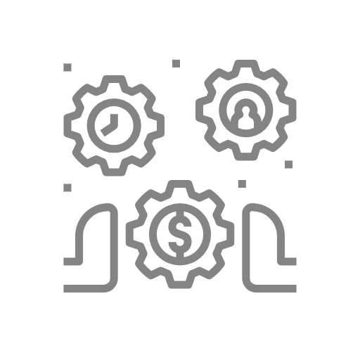 Icon of hands holding gears of people, time, and money.