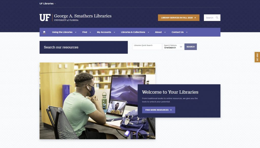 Screen snip of the UF Libraries homepage.