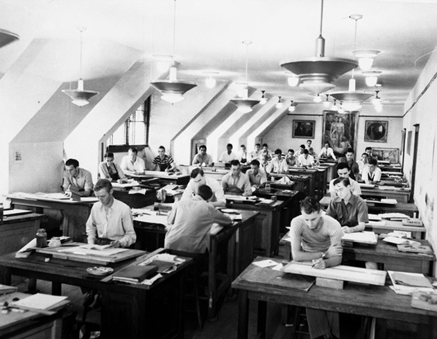 Male students at drafting tables at the University of Florida.