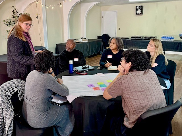 A group of six people engage in a discussion around a table with colorful sticky notes and paper. The atmosphere is collaborative and focused.