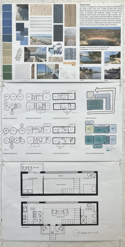 A design board featuring concept images, color and material samples, site photos, and multiple architectural floor plans and diagrams for a building project, all arranged vertically on a white wall.