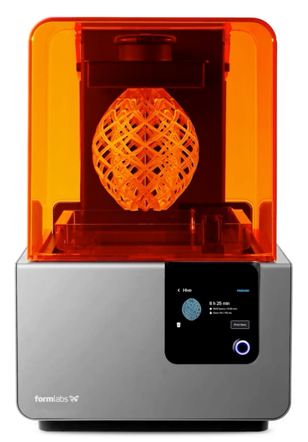 A desktop 3D printer with an orange cover is printing a lattice egg-shaped object. The control screen displays print details.